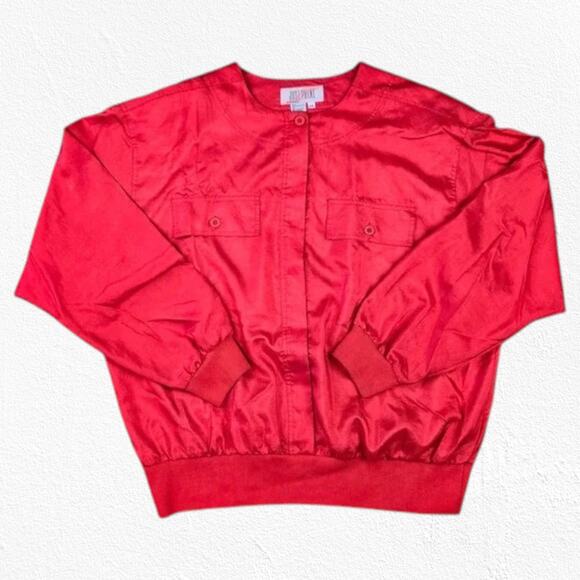80s Vintage Bright Cherry Red Hidden Button Crewneck Bomber Jacket Size 2X - Picture 1 of 8